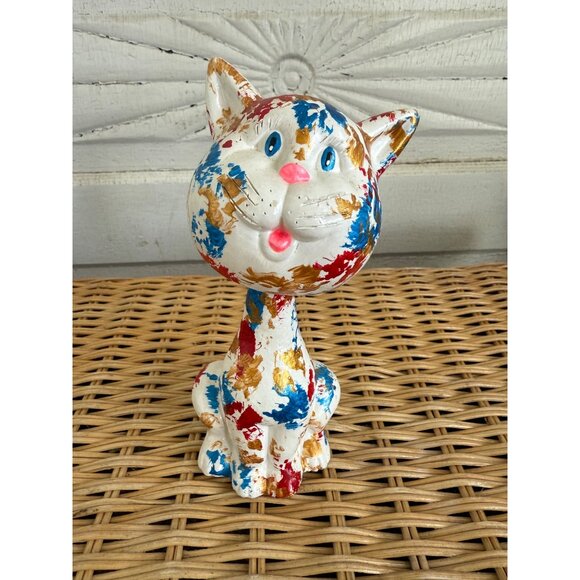Vintage MCM Ceramic Nodder Bobber Head Cat Kitty Spatter Painted - Picture 10 of 10